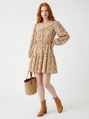 RHODE Tan Floral Puff-Sleeve Tiered Mini Dress